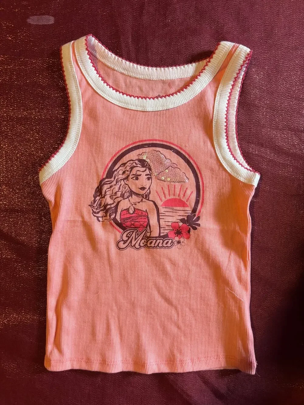 Disney Princess Tank Top Girls S 6/7 Moana Graphic Pink Ribbed Sleeveless Cute